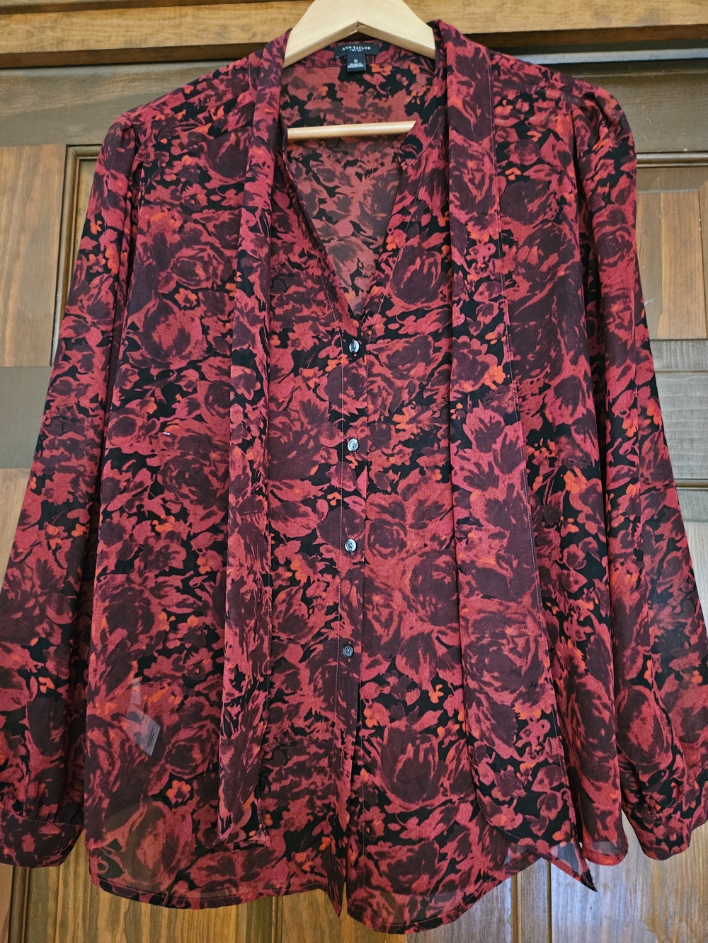 Ann Taylor Red Floral Tie-Neck Blouse